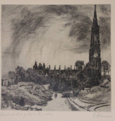 Auktion 369<br>Kunze, Ruine der großen Kirche betitelt, Radierung, gerahmt/Glas, RG 40,5 x 36cm [1]
