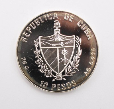 Auktion 369<br>10-Pesos-Silbermünze, Kuba, 1990,  XXV. Olympische Sommerspiele 1992 in Barcelona, 925er Silber,  ca. 28gr., D-3,8cm [1]