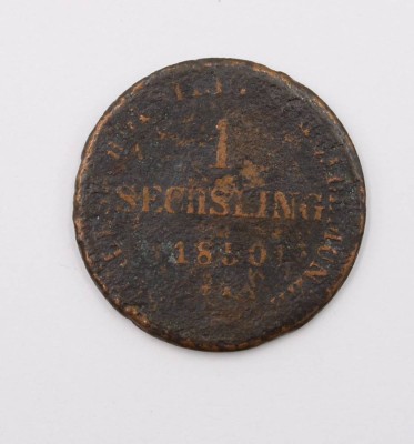 Auktion 369<br>„Sechsling“ aus dem Jahr 1850, Kupfer, Altersspuren, D-2,7cm [1]