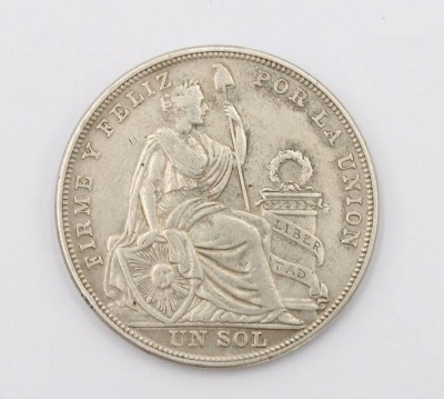 Auktion 369<br>peruanische Silbermünze, 1 Sol, 1924, Silber, D-3,7cm, 24,6gr. [1]
