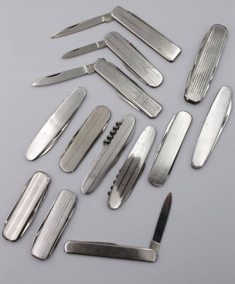Auktion 369<br>13x div. Taschenmesser, versilbert, älter, ca. L-15cm [1]
