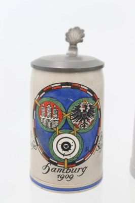 Auktion 369<br>schöner Bierkrug, 16. Deutschen Bundesschießens in Hamburg 1909, JCL Harms, Zinndeckel, H-15cm [1]