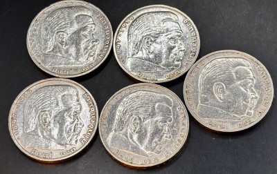 Auktion 369<br>5x5 Reichsmark Paul von Hindenburg, 3x1935, 2x 1936, Silber, ca. 69 gr [1]