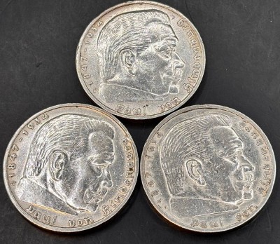 Auktion 369<br>3x 5 Reichsmark, Hindenburg, 2x 1936, 1x 1938, Reichsadler [1]