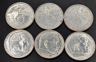 Auktion 369<br>6x 2 Reichsmark, Hindenburg, 30-er Jahre, Silber [1]
