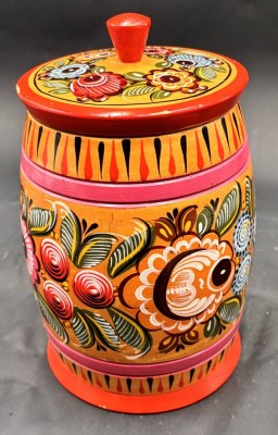 Auktion 369<br>2x russische Volkskunst-Handarbeiten, runde und flache Deckeldose, H- 20 cm und 5,5 cm [1]