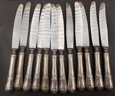 Auktion 369<br>12x  Jugendstil-Messer, Silbergriffe-800- Wilkens-Bremen, Entwurf?, L-20 cm,  zus. ca. 550 gr., guter Zustan [1]