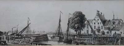 Auktion 369<br>Alt-Vegesack, Hafeneinfahrt und Havenhaus. Druck, ger./Glas, RG 19 x 37,5cm. [1]