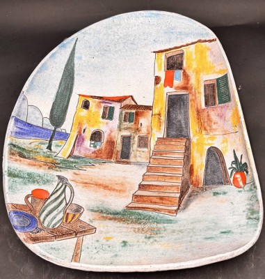 Auktion 369<br>vintage grosser Wandteller mit südlichen Motiv, handgemalt, verso signiert, 43x35 cm! [1]