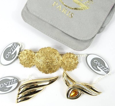 Auktion 369<br>3 vergoldete Broschen, Gontié Paris, neuwertig, in orig. Stofftaschen, L. 5,5-8 cm [1]