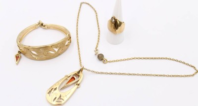 Auktion 369<br>3tlg. Pierre Lang Schmuckset, Halskette, Armband und Ring, goldfarben, Steinbesatz [1]