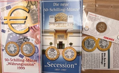 Auktion 369<br>3x  50 Schilling Münzen, 2x in orig. Blister, Silber [1]