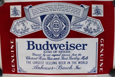 Auktion 369<br>gr. Werbeplakat für Budweiser Bier, älter, teilw. Samt? , ungerahmt, BG ca. 58,5 x 89cm [1]