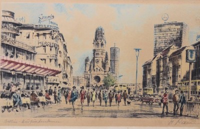 Auktion 369<br>Kurt PALLMANN (1886-1952), Berlin Kurfürstendamm,. Farbradierung, Blatt vergilbt, gerahmt, RG 36 x 47cm, Rahmen beschädigt [1]