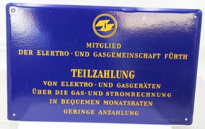 Auktion 369<br>Emailleschild der „Elektro- und Gasgemeinschaft Fürth