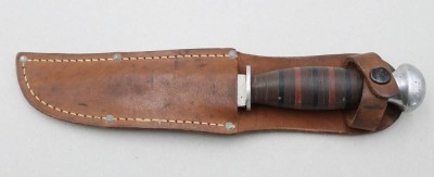 Auktion 369<br>Jagdmesser, älter, Lederscheide, L-25cm, Gebrauchsspuren [1]