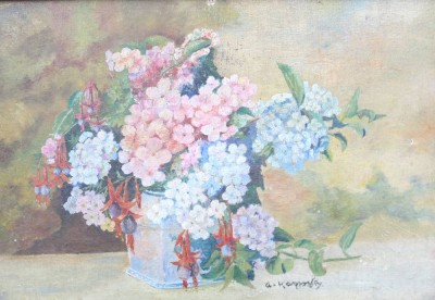 Auktion 369<br>signiert  A.Karpinsky wohl Alfons KARPINSKI (1875-1961) , Blumenstilleben, leicht restau. bedürftig, Öl/Hartfaser, gerahmt, RG 28,5 x 38,5cm [1]
