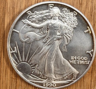 Auktion 369<br>ein Dollar, USA 1990, 1 Unze Feinsilber-999-, [1]