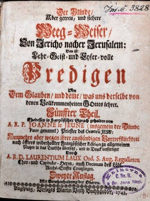 Auktion 369<br>Predigten-Buch von Le Jeune, 1747, Ledereinband der Zeit mit Gebrauchsspuren, aber ansonsten sehr guter Zustand, ca. 750 Seiten und 30 S. Register, 21x17 cm [1]