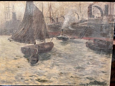 Auktion 369<br>unleserlich re. unten in Farbe signierte Hafenszene, Öl/Pappe , 34x44 cm [1]