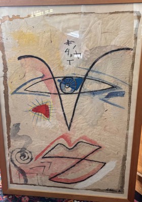 Auktion 369<br>unleserl. signiertes Bild, 1984, Mischtechnik, ger/Glas, RG 64x90 cm [1]