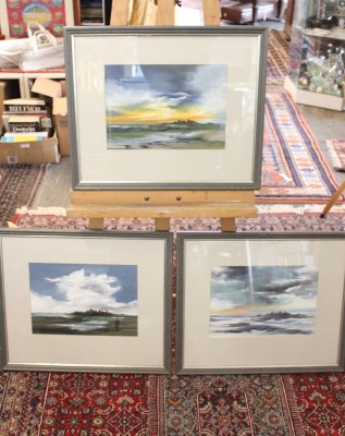 Auktion 369<br>3x Hallig-Ansichten im Wechsel der Jahreszeiten, unleserl. signiert, Aquarelle, je gerahmt/Glas, je ca. RG 49 x 57,5cm [1]