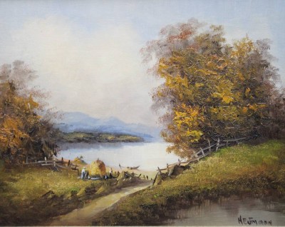 Auktion 369<br>Neumann, Ernteszene, Öl/Holz, gerahmt, RG 32,5 x 38,5cm. [1]