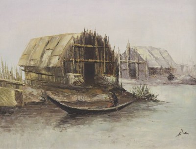 Auktion 369<br>monogrammiert, Flussszene wohl Indonesien, Öl/Leinwand, gerahmt, RG 43 x 53,5cm. [1]