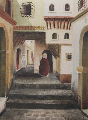 Auktion 369<br>wohl Hocine ZIANI (1953), Rue de la Casbah N.1, verso signiert u. betitelt, Öl/Leinwand, gerahmt, RG 43 x 35cm. [1]