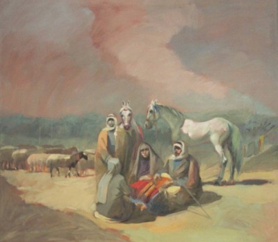 Auktion 369<br>unsigniert, arabische Hirten, Öl/Leinwand, 1x hinterlegte Stelle, gerahmt, RG 91 x 102,5cm. [1]