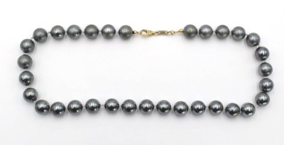 Auktion 371<br>Muschelkern-Perlenkette mit 585er GG Schließe, grau gefärbt, ca. L-48cm D-ca. 1-1,1 cm, einzeln geknotet? [1]