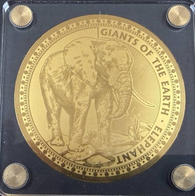 Auktion 370<br>grosse Goldmünze -999- 100 Francs, Kongo, Elefant, 2021, D-65 mm, 1/50 oz, limitiert mit Zertifikat [1]