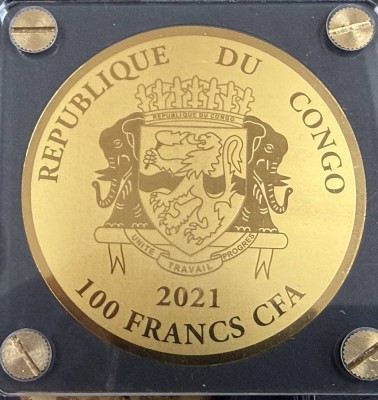 Auktion 370<br>Goldmünze -999- 100 Francs, Kongo,Golden Buddha  2021, D-40 mm, 1/200 oz, limitiert [1]