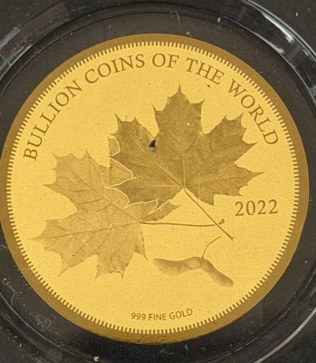 Auktion 370<br>Goldmünze -999- 5000 Francs, Tchad, Maple Leaf 2022, D-40 mm, 1/200 oz, limitiert mit Zertifikat [1]