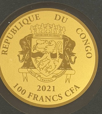 Auktion 370<br>Goldmünze -999- 100 Francs, Congo, Ark of the convenant  2021, D-40 mm, 1/200 oz, limitiert mit Zertifikat [1]