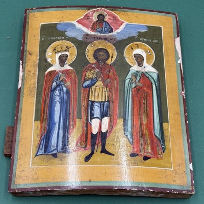 Auktion 370<br>russische Ikone, Tempera auf zweifach gesperrter Holzplatte, verso Exportgenehmigung UDSSR 1975. 19.Jhd., 27x22 cm, Farbabplatzer [1]