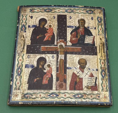 Auktion 370<br>russische Ikone, Tempera auf  Holzplatte, verso Exportgenehmigung UDSSR 1978. 19.Jhd., 31x26 cm, Farbabplatzer [1]