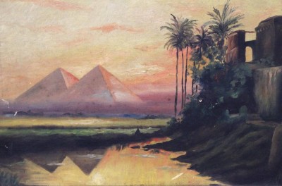 Auktion 370<br>unleserl.signiert,  Pyramiden von Gizeh, älter, Öl/Malkarton, restau.bedürftig, gerahmt, RG 36 x 51cm [1]