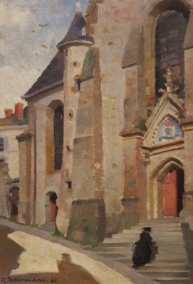 Auktion 370<br>Georges SCHIRMANN (1907-1977), Kirchenansicht, Öl/Hartfaser, restau.bedürftig, gerahmt, RG 37,5 x 27cm [1]