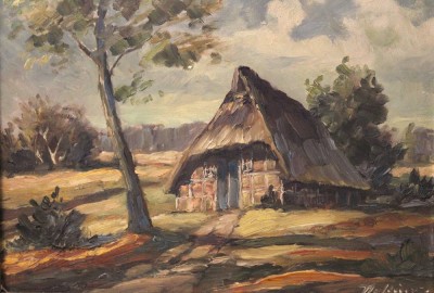 Auktion 370<br>unleserl. signiert, Bauernkate, Öl/Hartfaser, gerahmt, RG 39 x 48,5cm [1]