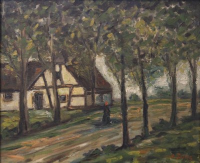 Auktion 370<br>H.Fritz, Gehöft, Öl/Hartfaser, gerahmt, RG 49 x 56,5cm [1]