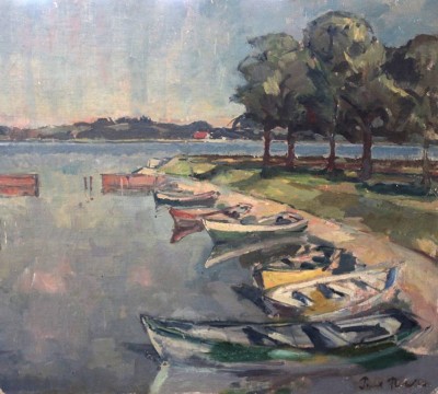 Auktion 370<br>Paul...?, Ruderboote am See, Öl/Hartfaser, ungerahmt, restau.bed., 56,5 x 62,5cm [1]
