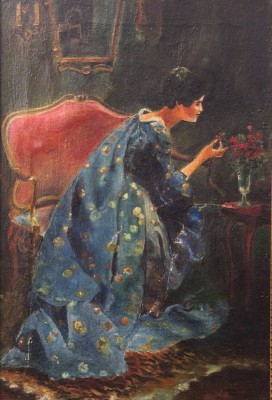 Auktion 370<br>A.Reimann 1924, Dame in blauen Gewand, wohl nach V.Schramm, Öl/Leinwand, gerahmt, RG 74 x 54,5cm, restau.bedürftig [1]