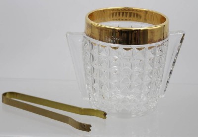 Auktion 370<br>Eisbehälter mit Zange, Pressglas, Goldrand, ca. H-13cm ca. D-11cm [1]