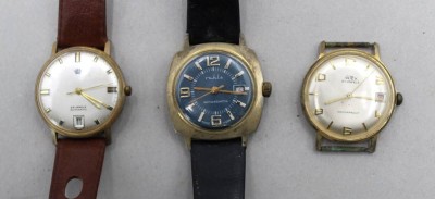 Auktion 370<br>3x div. Vintage-Armbanduhren, RUHLA (steht),  Intex (läuft 5 sec. an) und 1x Automatic (läuft), Tragespuren, ca. D-3,5cm [1]