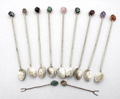 Auktion 370<br>9 Cocktail-Löffel mit Halbedelsteinen sowie 2 kl. Spieße, versilbert, ca. L-19,5cm [1]