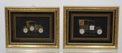 Auktion 370<br>Paar Wandbilder aus Uhrenteilen gefertigt, je gerahmt/Glas, RG 18 x 23cm [1]
