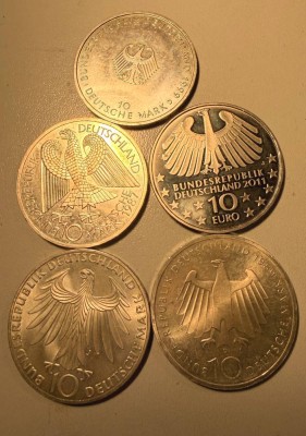 Auktion 370<br>5x 10 Mark Münzen, BRD, Silber, ca. 75 gr. [1]