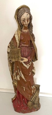 Auktion 370<br>Holzstatue der Hl. Barbara, 19.Jhd?, wohl Lindenholz mit Resten alter Fassung, H-65 cm [1]