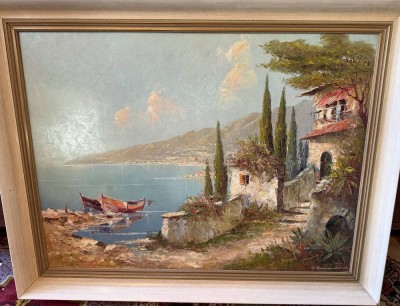 Auktion 370<br>unleserl. signiert, südliche Seelandschaft,  wohl Varenna am Comosee, Öl/Leinen, gerahmt, RG 75x97 cm, (Sperrgut-Versand) [1]